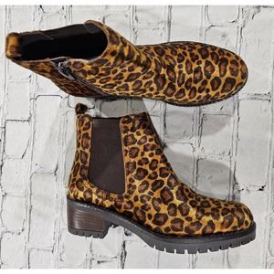 Skechers 44409 Leopard Print Ankle Chelsea Boot Faux Fur WOMENS SIZE 6